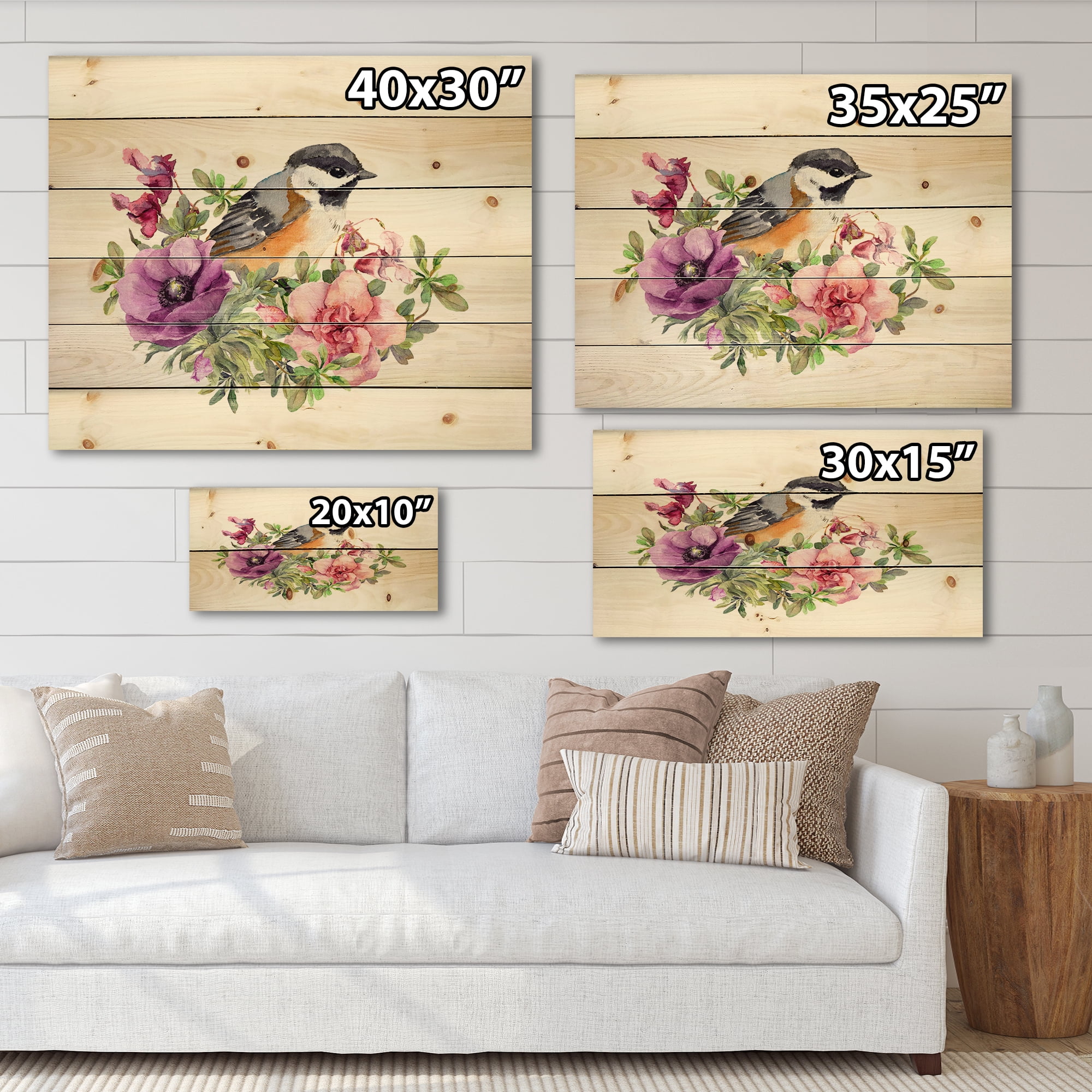 Designart 'Cute Bird In Purple and Pink Flowers' Traditional Print on Natural Pine Wood
