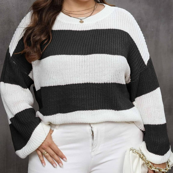 POROPL Sweaters for Women Crew Neck Sweater Striped Top Pullover Size L-3XL