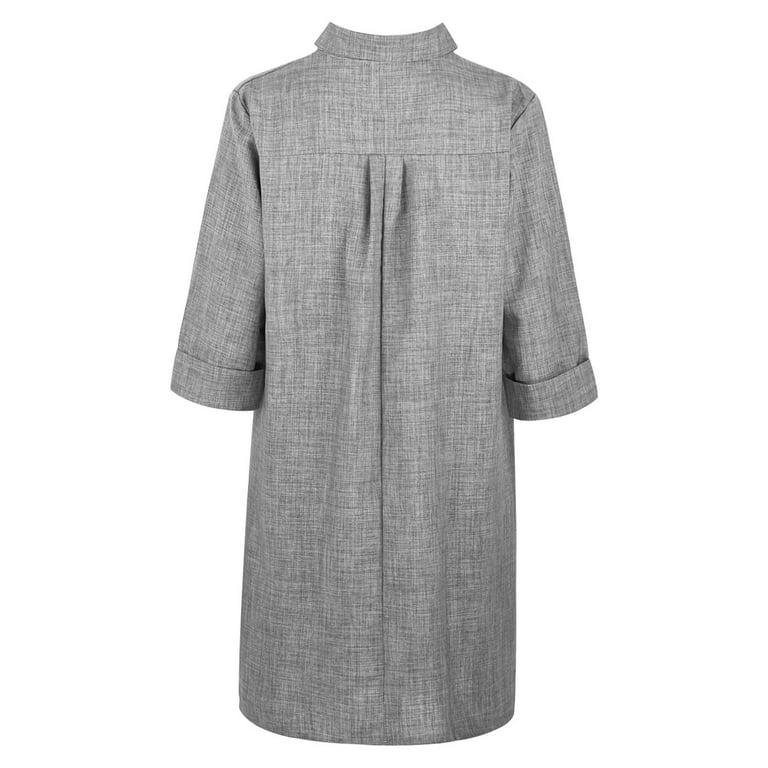 Vekdone Cotton Linen Lounge Dress for Women Summer 3/4 Sleeve Button Lapel Dresses with Pockets Loose Fit Comfy House Dress Vacation Beach Dress