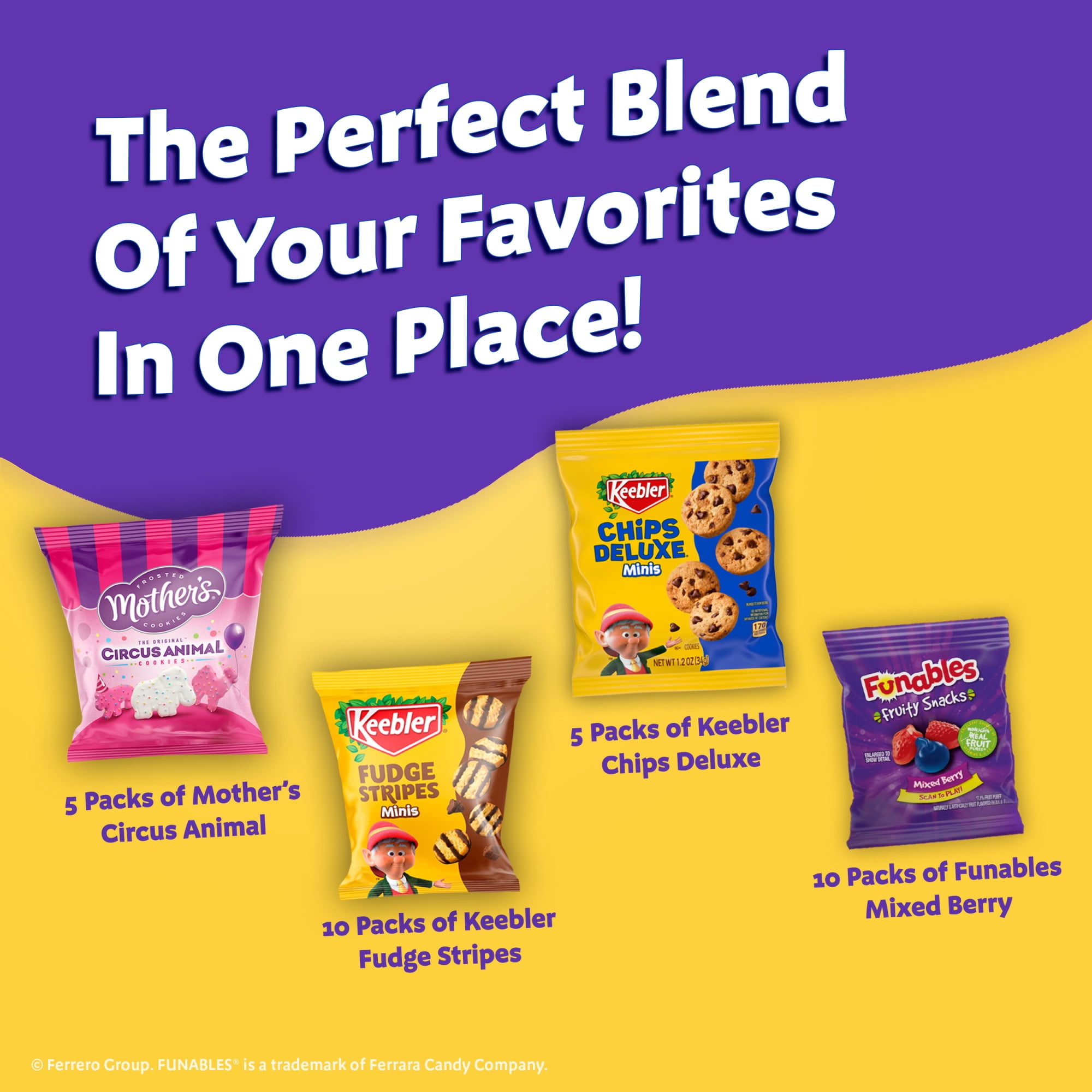(3 pack) Keebler Sweet Treat Variety Pack, 30-Count Box, Includes Chips Deluxe, Funables, Fudge Stripes, and Mother's Circus Animal Cookies, 29 oz