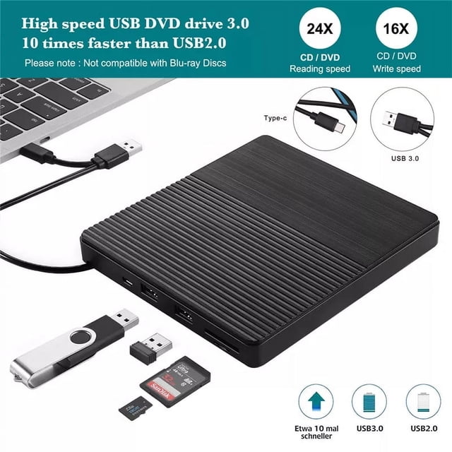 External Optical Drive Portable External Type-C CD Burner High Speed CD/DVD Player TF/SD Card Reader ,Accurate Channel Search