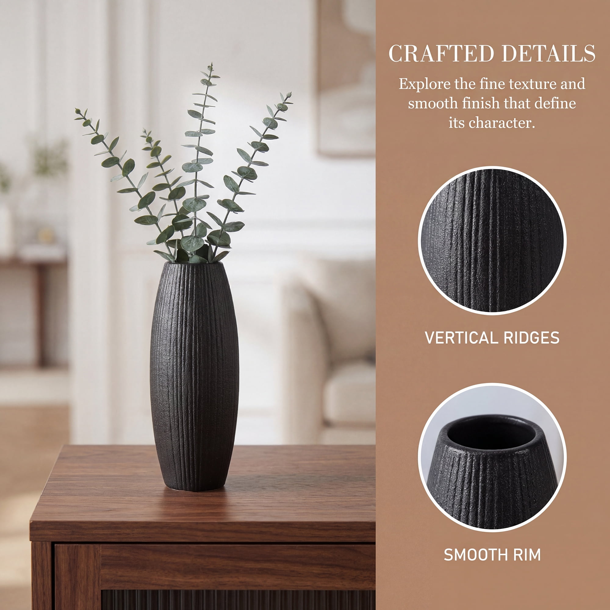 Unique Bargains Modern Decor Tall Ribbed Flower Vase Matte Black 3.0" x 3.0" x 7.1"