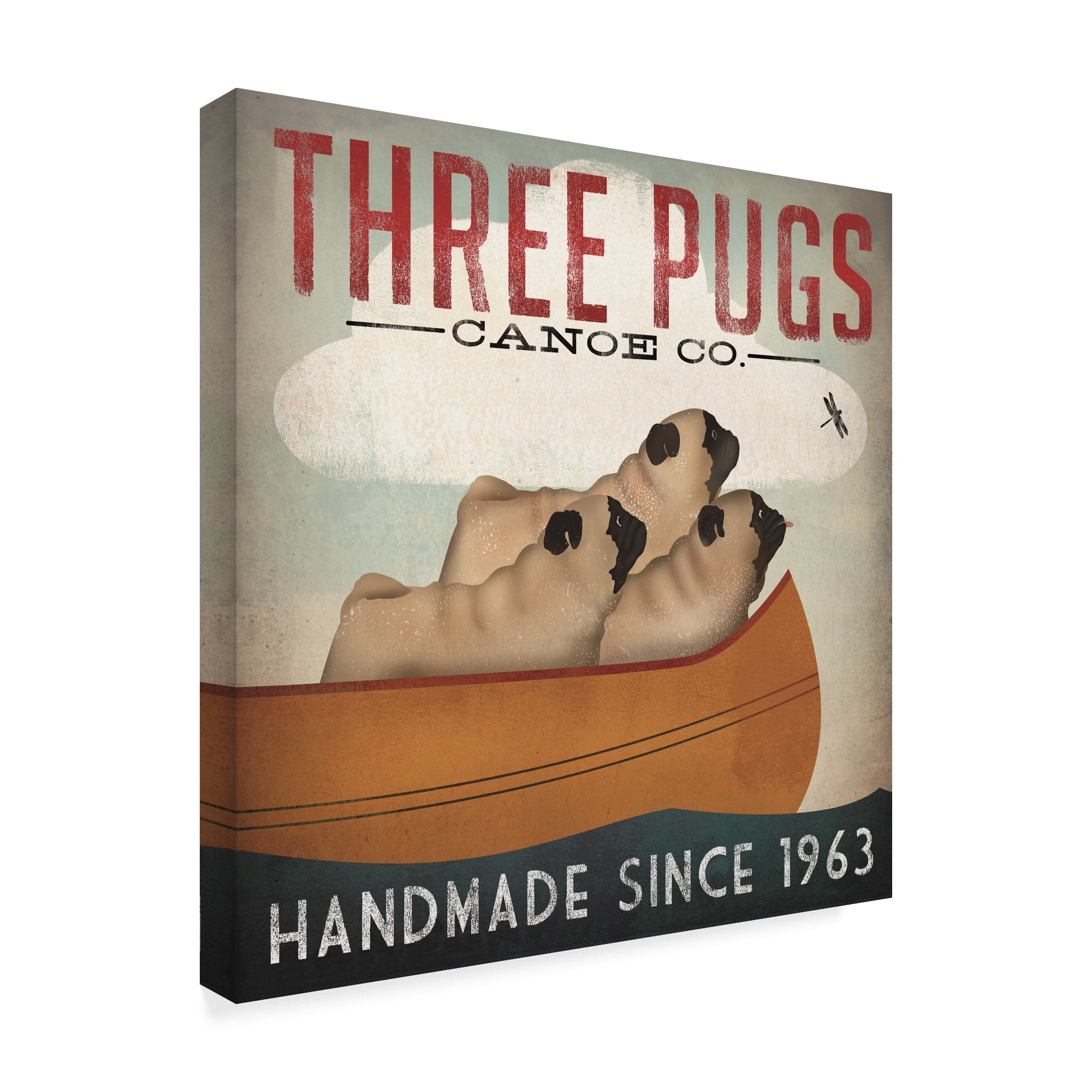 Trademark Fine Art 'Three Pugs in a Canoe' Canvas Art by Ryan Fowler