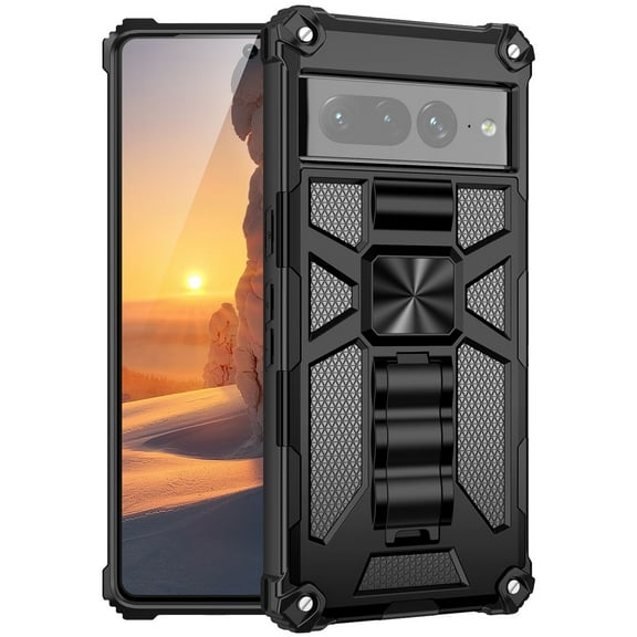 Case for Google Pixel 7A 6.1" 2023, Heavy Duty Protective Cover with Screen Protector Magnetic Absorption Car Mount Hidden Kickstand Shockproof Anti-fall Shell, Black