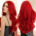 thumbnail image 3 of Red Women's Long Wavy Wig with Center Curl - Natural Looking Heat Impervious Synthetic Fiber for Everyday Wear and, 3 of 7