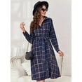 thumbnail image 3 of Women's Plaid Tie Waist Long Sleeve Dress with 100% Polyester Fabric Front Button and Opaque Finish Perfect for Office, 3 of 7