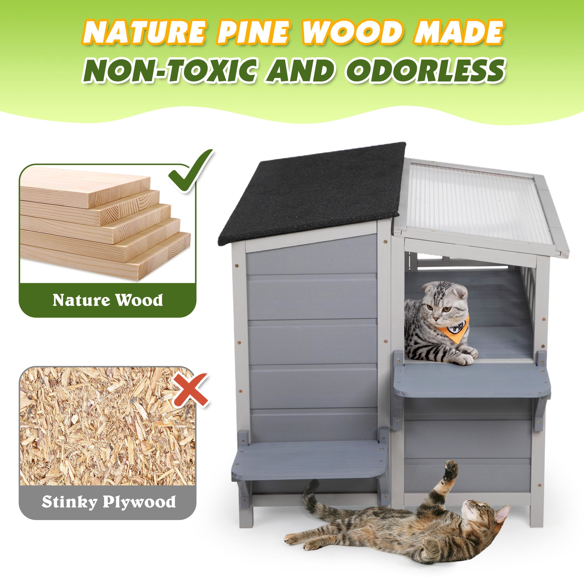 2-Tier Warm Wood Cat Shelter with Sunlight Roof, Outdoor Kitty Cat House, Balcony, Jumping Platforms, Kitty Pet Porch Enclosure, Weatherproof Outside