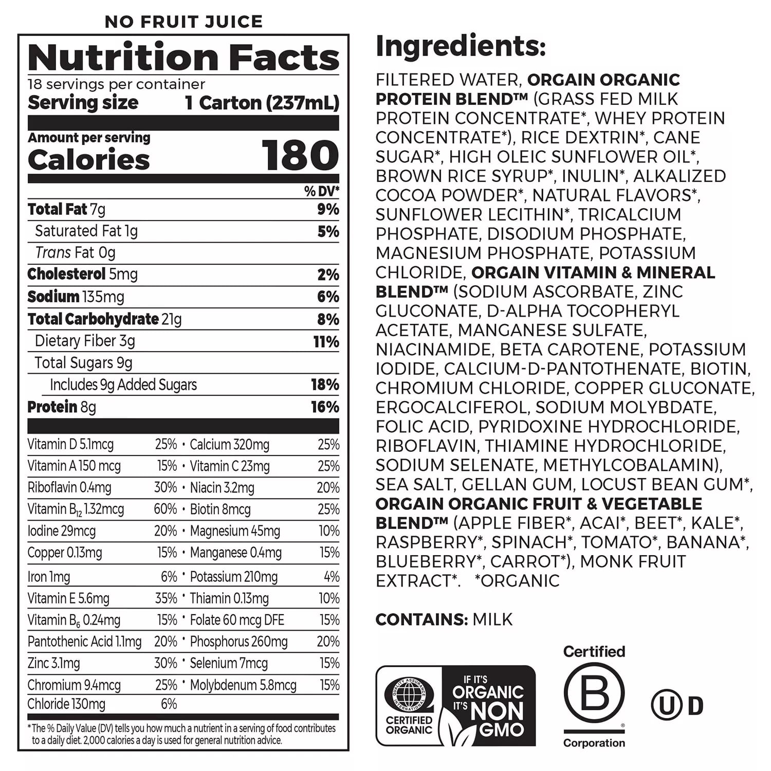 Orgain Kids Protein Organic Nutrition Shake, Chocolate, 8 Fluid Ounce (18 Pack)
