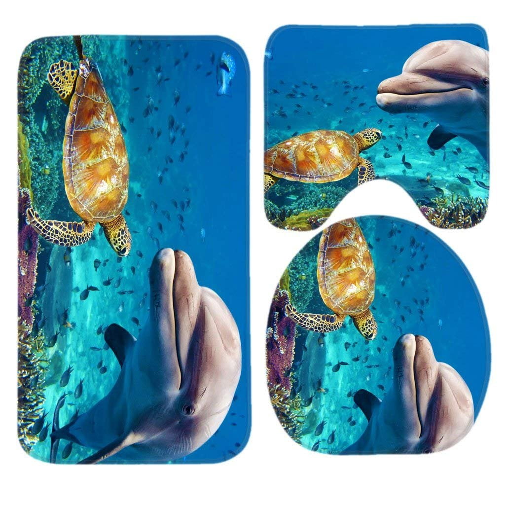 CHAPLLE Water Font Fish Dolphin Turtle 3 Piece Bathroom Rugs Set Bath Rug Contour Mat and Toilet Lid Cover