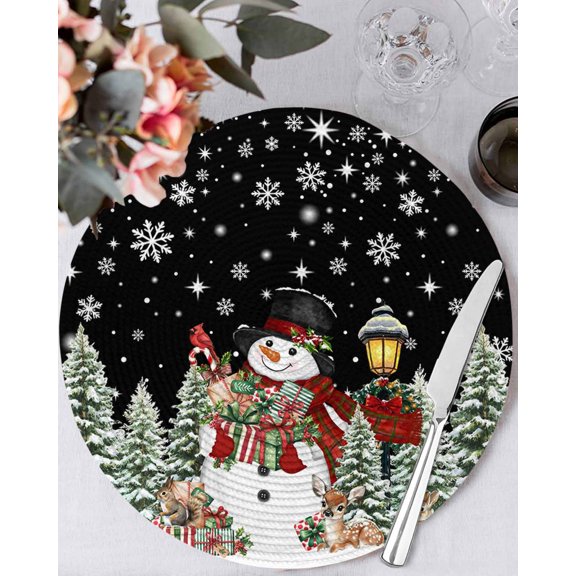 15 Inch Round Placemats Set of 6, Black Christmas Non Slip Heat Insulation PP Table Mats, Snowman Xmas Snowflake Botanical Tree Washable Place Mats for Kitchen Dining Party Table Decor