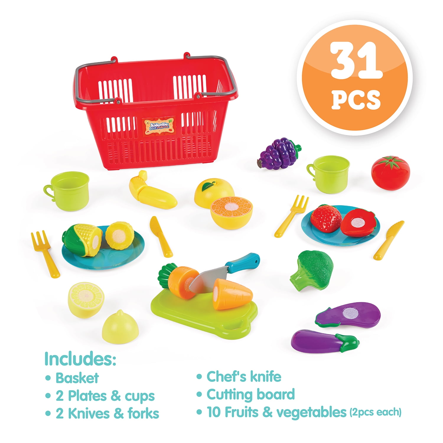 Kidoozie Just Imagine Slice 'N Play Shopping Set, 31 Piece Shopping Basket Set Including Fruits & Vegetable for Pretend Plays.  For Children Ages 2+