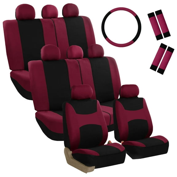 FH Group Light & Breezy Seat Covers for Auto, 3 Row 8 Seaters Full Set with Steering/Belt Pad Cover, Burgundy and Black