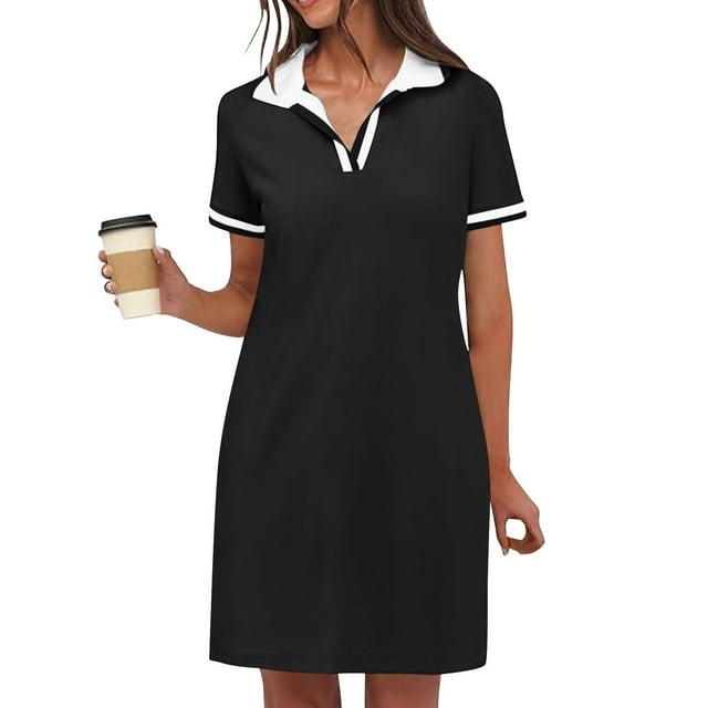 Robes Unies pour Femmes Manches Courtes Col en V Décontracté Été Tennis Golf Mini Robe Chemise avec Poches