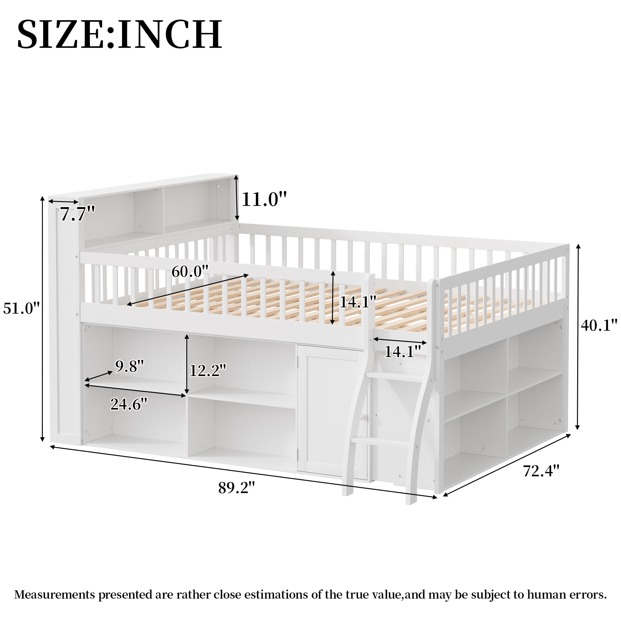Euroco Wood Queen Size Loft Bed with Storage Shelves and LED Light, White