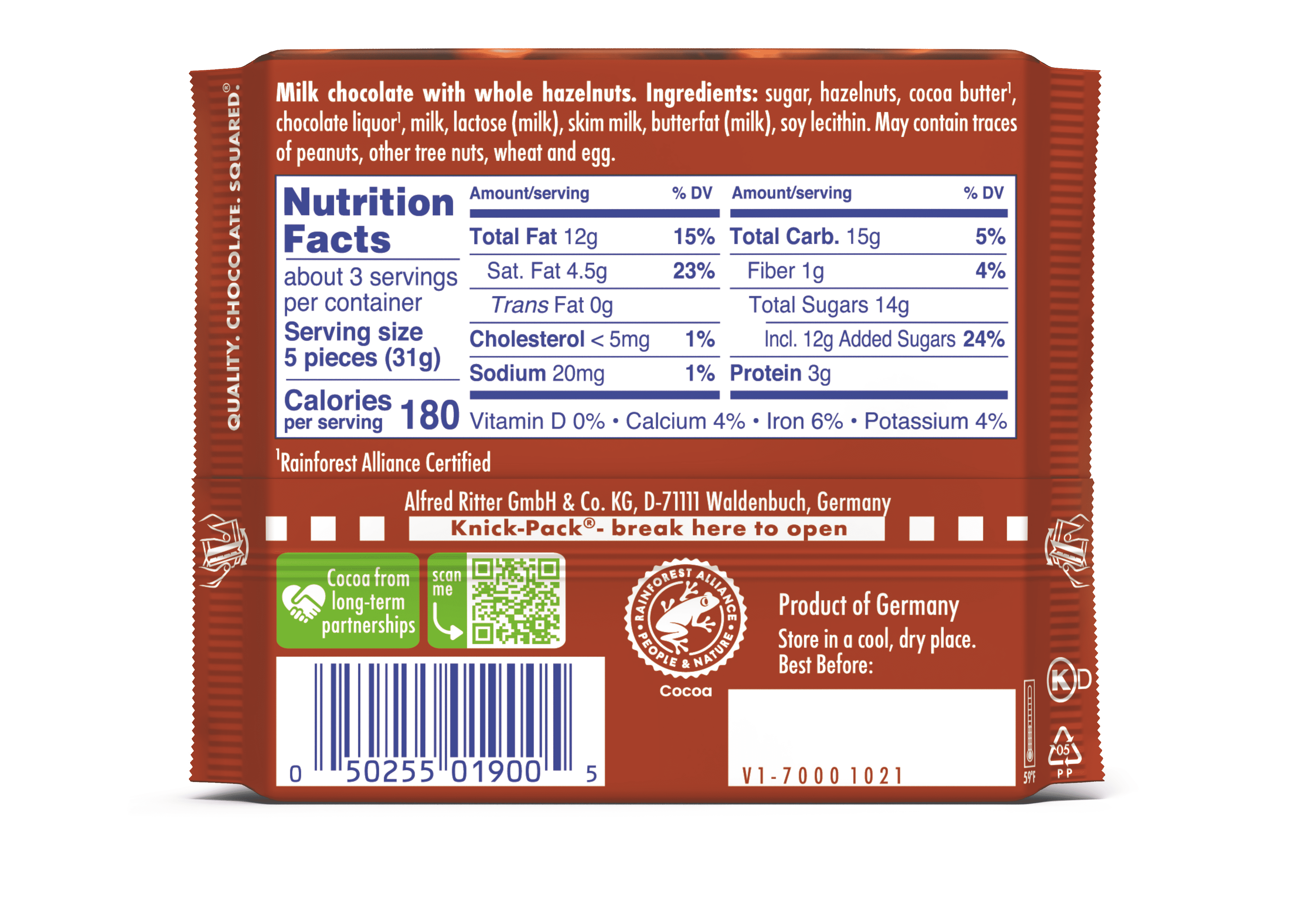 (2 pack) Ritter Sport Milk Chocolate Candy Bar with Crunchy Whole Hazelnuts – Authentic German Chocolate, Wrapped, 3.5 oz