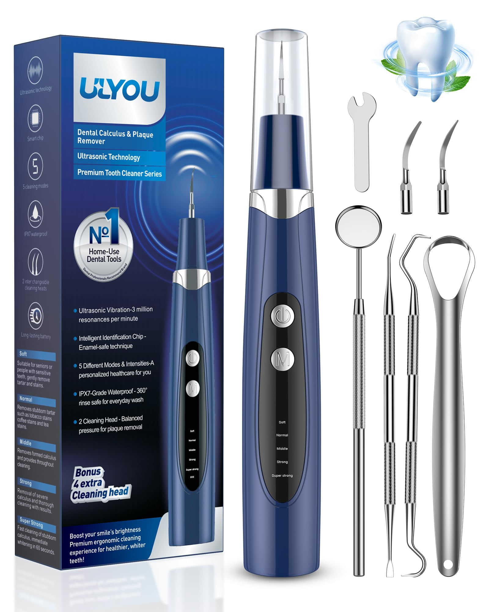 Plaque Remover for Teeth IFF17 - Tartar Remover for Teeth with LED Light & 5 Modes, Rechargeable Hard Plaque Remover with 2 Replaceable Heads, Ultrasonic Teeth Cleaner Kit for Home Use