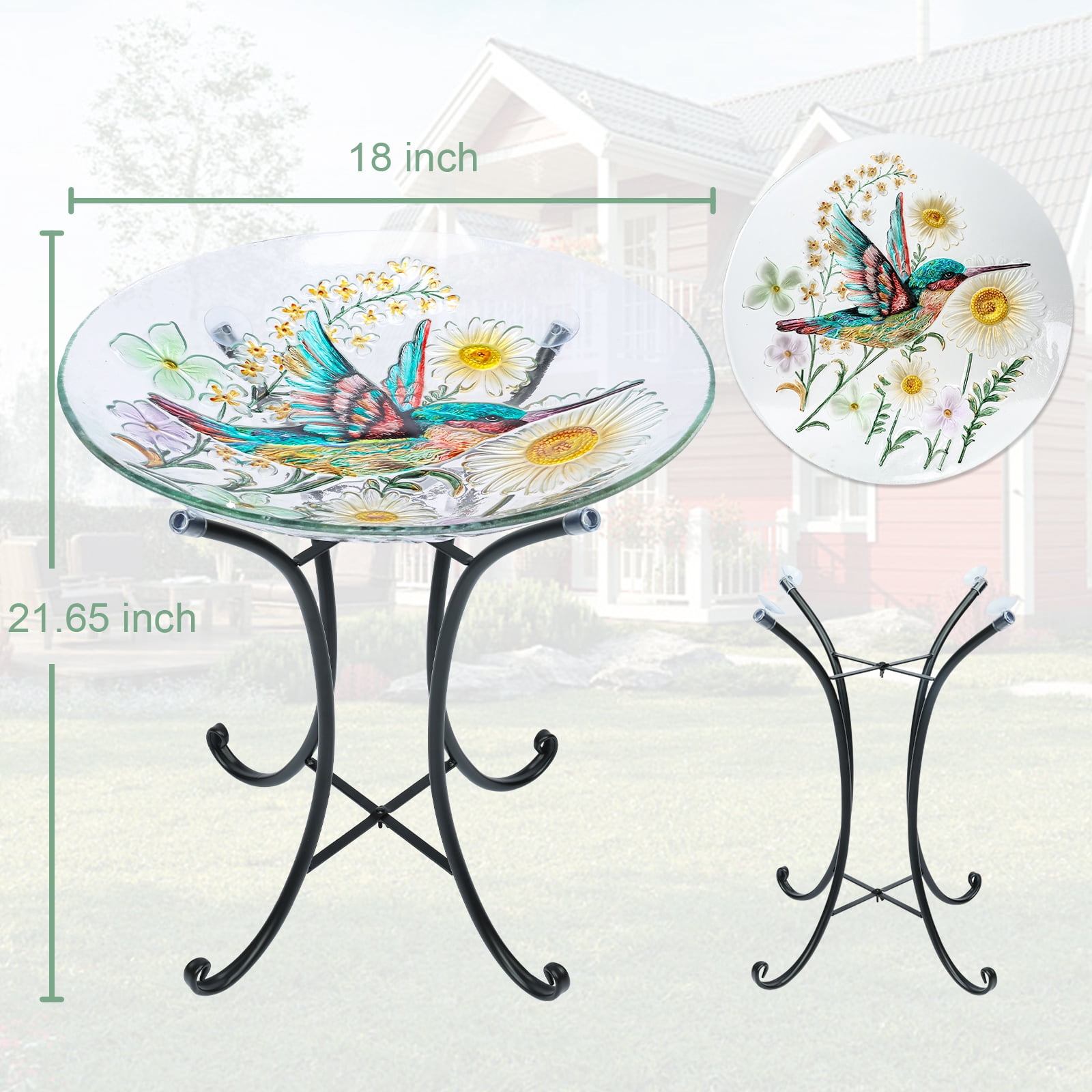 MUMTOP Outdoor Hummingbird Glass Bird Bath with Metal Stand
