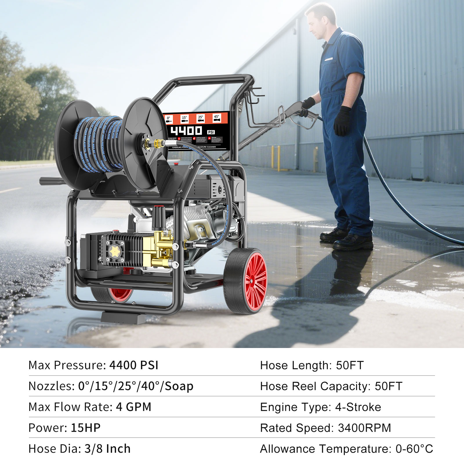 POHIR 4400psi Gas Pressure Washer, 4.5 gpm 15HP 420CC One-Button Electric Start, 50ft 3/8 inch Hose Reel, Spray Gun, 5 Quick Connect Nozzles