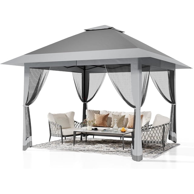 QinaQin Gazebo plegable de 13 x 13 pies con mosquitero y doble techo, altura ajustable, cubierta impermeable y con protección UV, ideal para patio, jardín, terraza o césped