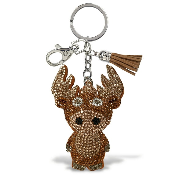 Aqua79 Moose Keychain - Brown Sparkling Rhinestones Charm with Tassel, Fashionable Stylish Polyester PU Wild Life Key Ring Bling Jewelry Accessory with Clasp For Key Chain, Bag, Purse and Backpack