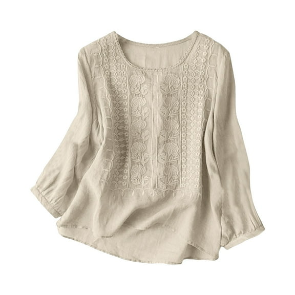 Womens Tops Long Sleeve Linen Cotton Top With Embroidery Breathable Casual Blouse Cotton And Linen Blend Soft Skin-Friendly L Sweaters For Women