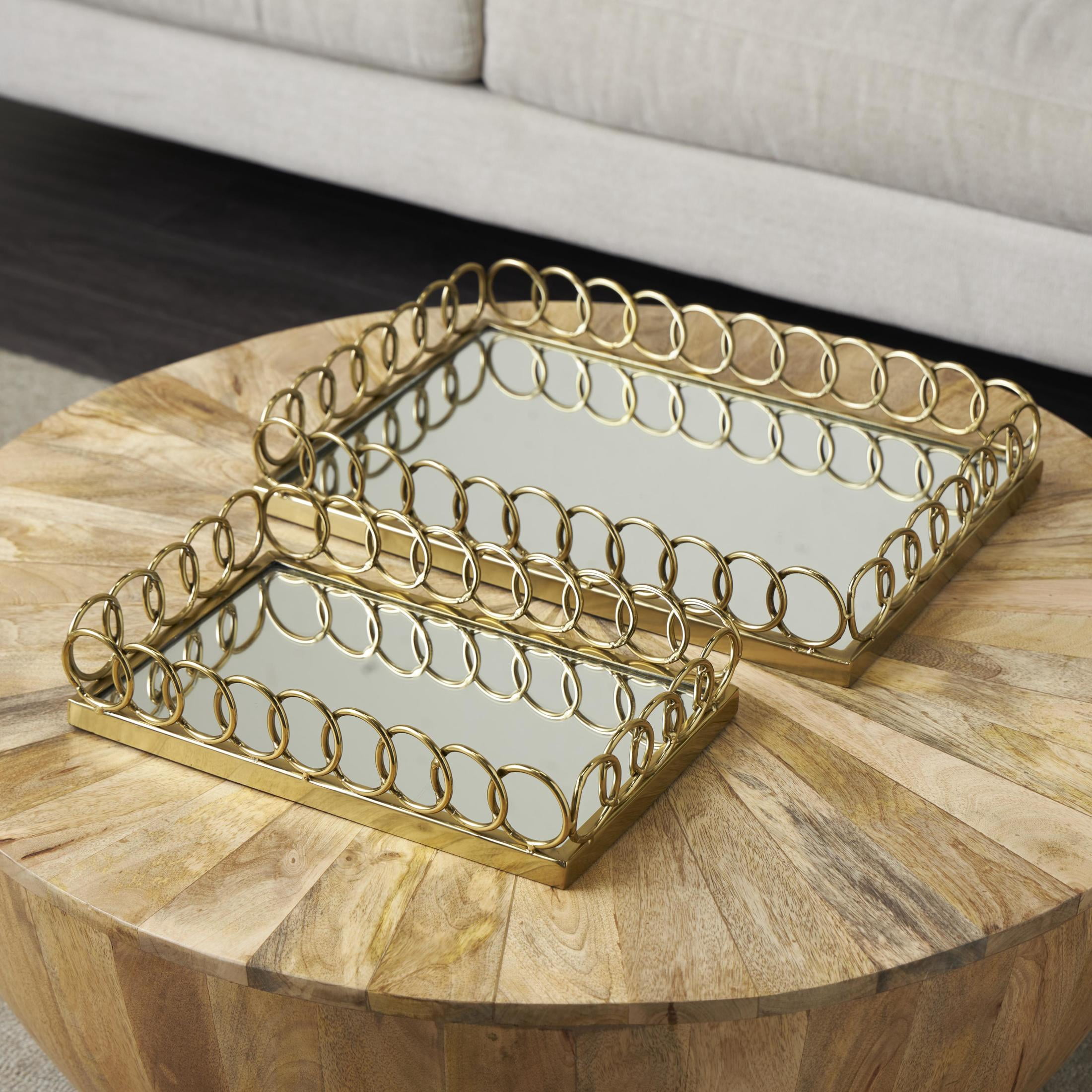DecMode 18", 14"W Gold Stainless Steel Metal Mirrored Geometric Tray with Wire Rod Frame, 2-Pieces