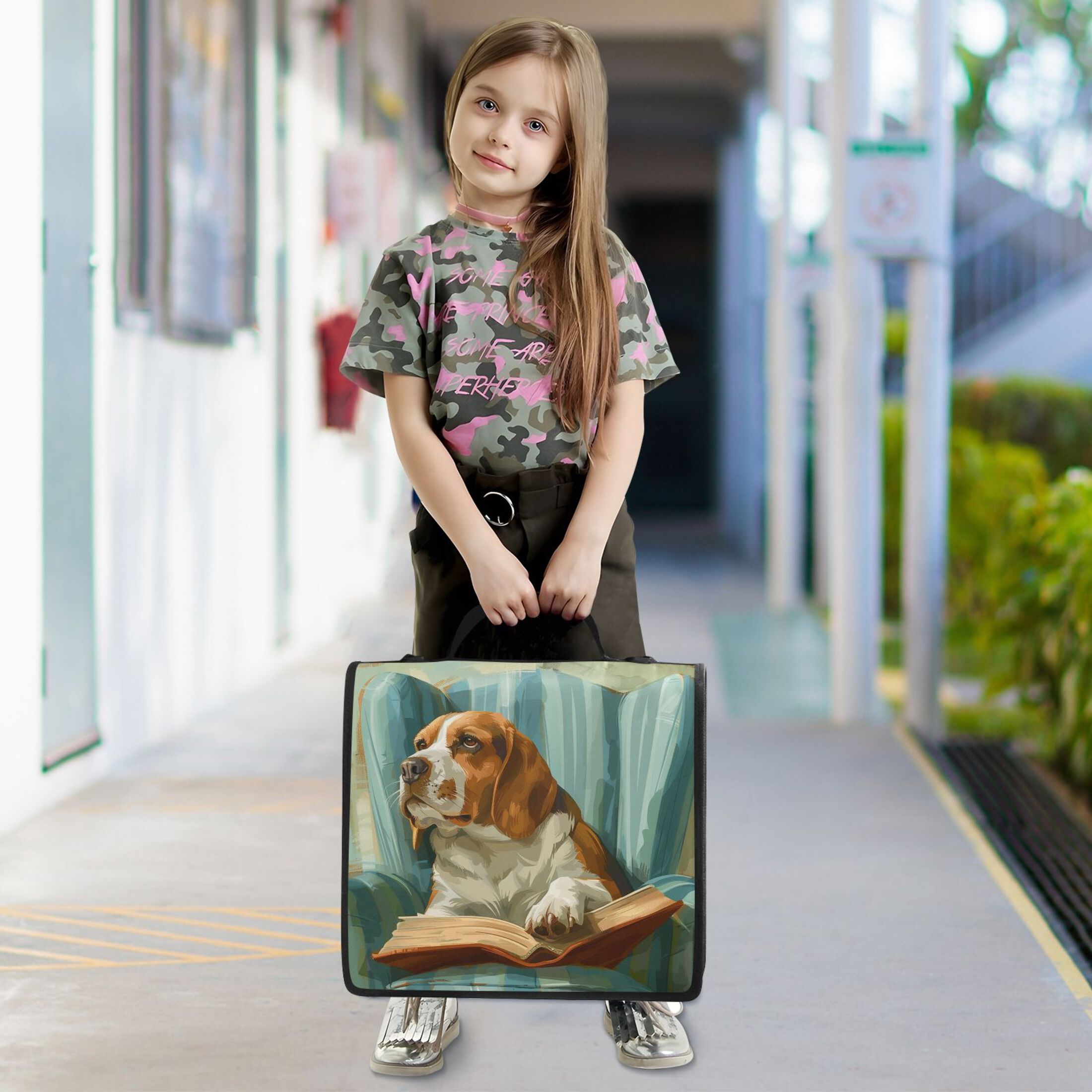 3 Ring Zipper Binder with Shoulder Strap Waterproof Trapper Keeper 2 Inch D-Ring 500 Sheets Capacity Beagle Dog Read Book on Chair