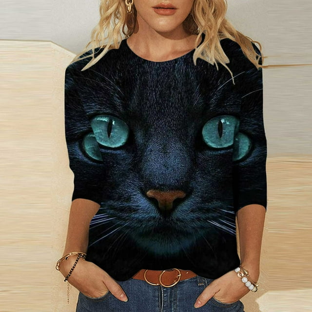 Hauts de Sortie Mode pour Femmes T-shirt Imprimé de Pâques Ample Mi-Longueur Manches 3/4 Blouse Col Rond Hauts Décontractés T-Shirts à Manches Longues pour Femmes en Liquidation