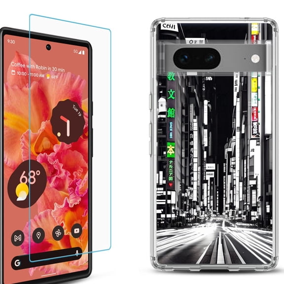 OneToughShield ® for Google Pixel 7a Shockproof Bumper Phone Case, with Tempered Glass Screen Protector - Tokyo Night