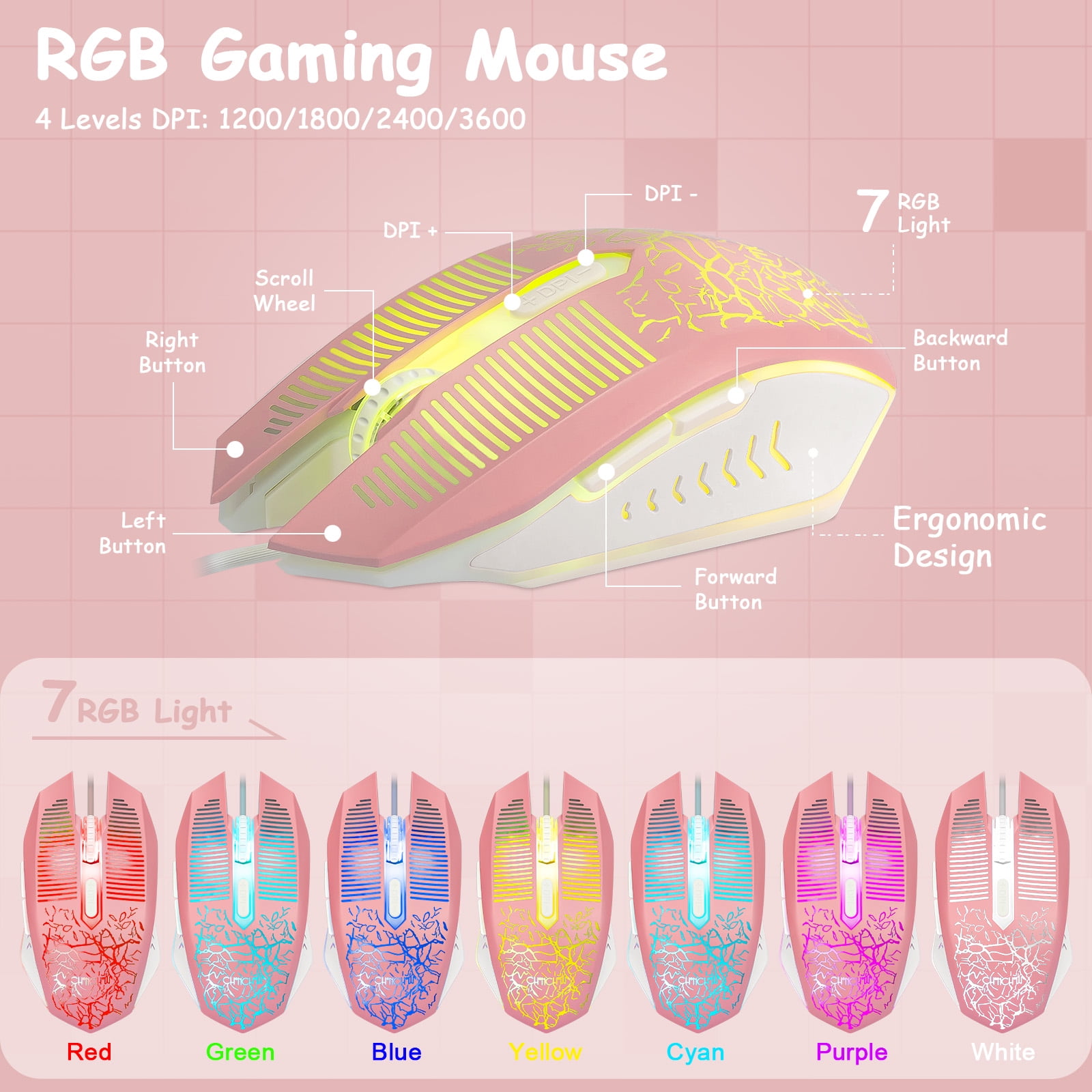 CHONCHOW Pink Gaming Keyboard and Mouse Combo, 104 Keys Wired LED Backlit, 19Anti-Ghosting, Multimedia Keys, 3600 DPI Mouse, Compatible with PC Laptop PS4  Xbox