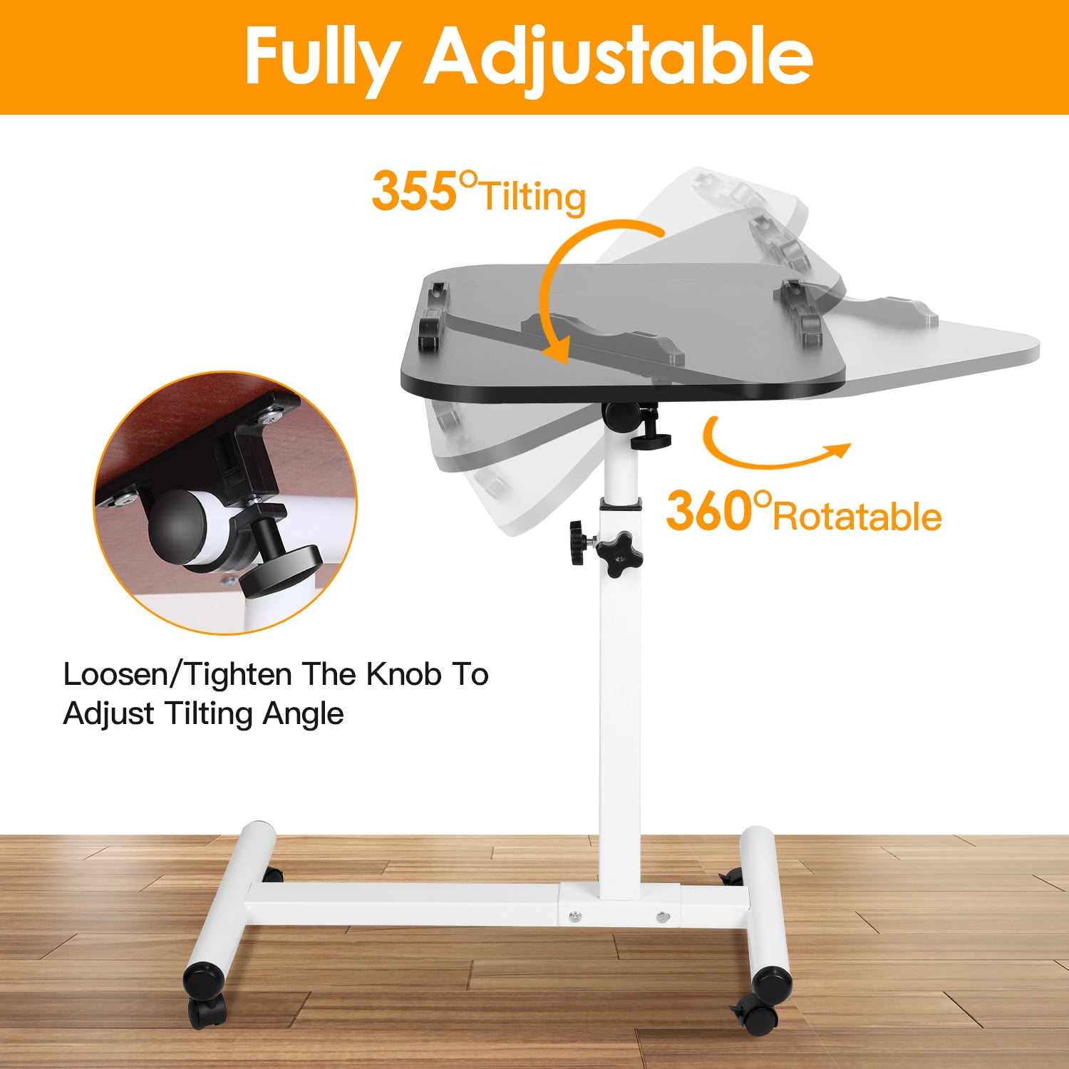 Adjustable Height Rolling Laptop Table Portable Mobile Standing Desk with Wheels Tilting Angle for Home Office 23.6x15.7x37.4in, Wooden