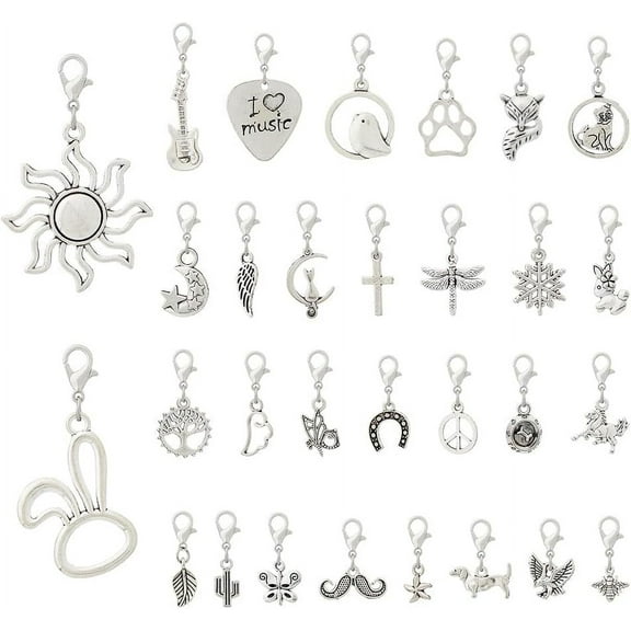 60pcs Clip on Charms with Lobster Clasps 30 Styles Assorted Silver Charms Pendants Mixed Styles Alloy Dangle Pendants Jewelry Accessories for DIY