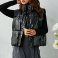 thumbnail image 4 of Women Faux Leather Puffer Vest Stand Collar Sleeveless Padded Waistcoat Zip-Up Button Quilted Jacket Warm Outerwear, 4 of 7