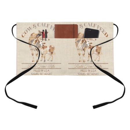 Cow and Calf Feed Kitchen Restaurant Half Waist Apron, Rustic Farm Mills Brown Animals Farmhouse Linen Texture Server Short Apron with 3 Pockets Waterproof Oil Waist Aprons for Women Waitress Waiter