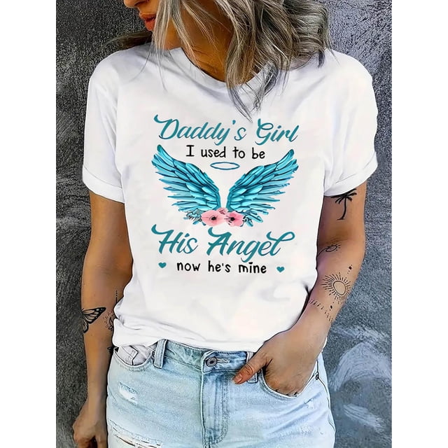 Camiseta de verano para mujer Suave elegante con Cuello redondoWomen'S Angel Wings Floral Print T-Shirt, Polyester Blend, Casual Crew Neck, Medium Stretch, Geometric Pattern, Knit Fabric, for All-Se