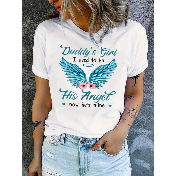 Camiseta con estampado floral de alas de ángel para mujer, algodón, cuello redondo informal, elasticidad media, estampado geométrico, tejido de punto, para comodidad en todo momento. Camisetas de ocio