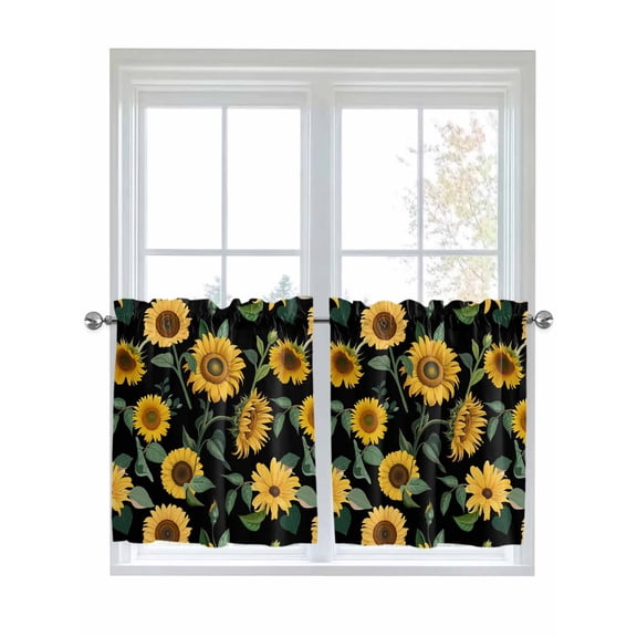 Sunflower Watercolor 2 Panel Kitchen Curtains for Small Windows, Spring Botanical Garden Flowers Bathroom Tier Curtain, Short Window Treatment for Bedroom/Living Room 55"x36"