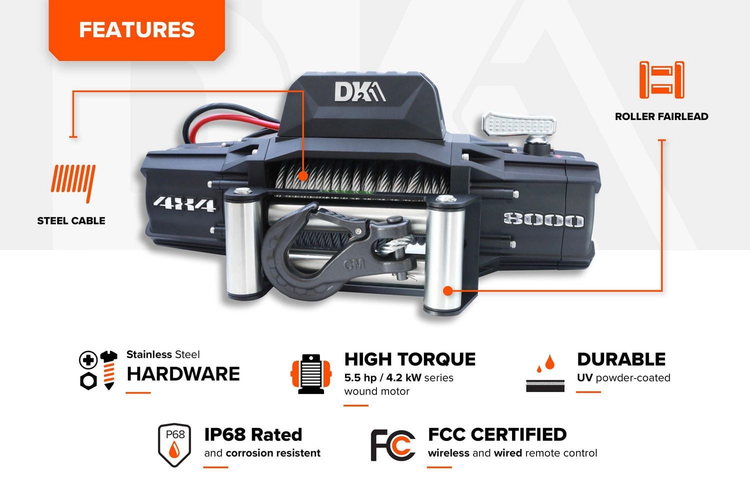 Treuil électrique 4x4 haut de gamme DK2 de 8 000 lb (câble en acier inclus)