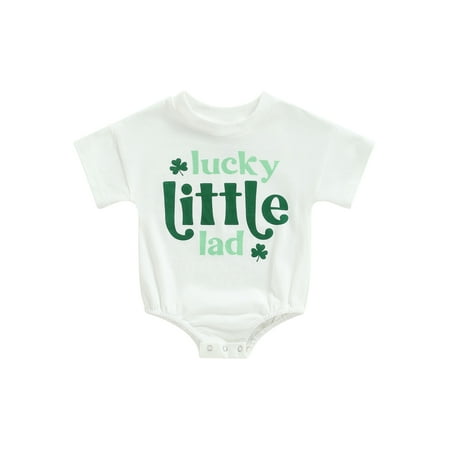 

Mubineo Infant Baby Irish Festival Jumpsuit Cartoon Shamrock Letter Print Short Sleeve Round Neck Romper for Boys Girls