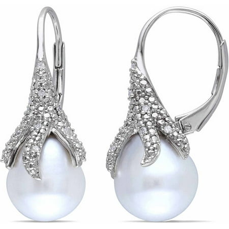 Miabella 9.5-10mm White Rice Cultured Freshwater Pearl and Diamond Accent Sterling Silver Leverback Starfish Earrings