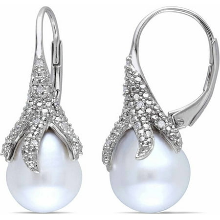 Miabella 9.5-10mm White Rice Cultured Freshwater Pearl and Diamond Accent Sterling Silver Leverback Starfish Earrings