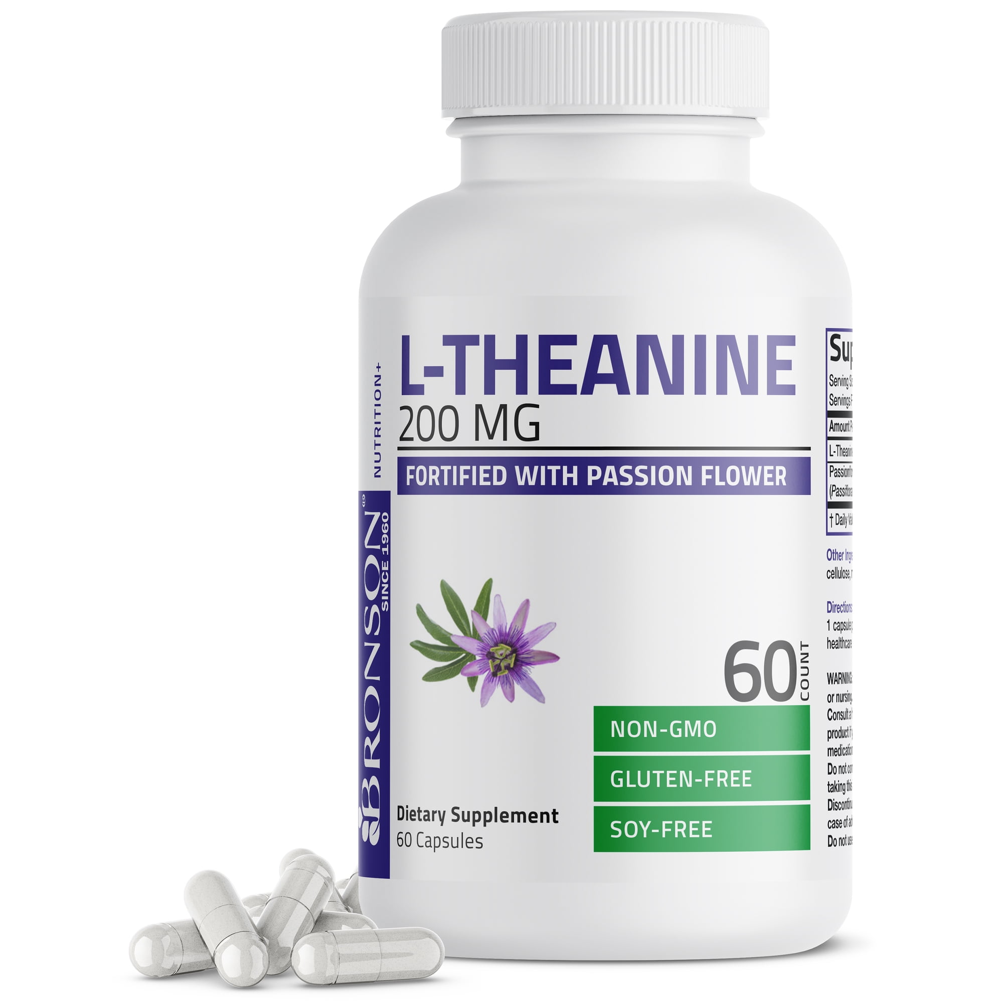 L-Theanine 200mg (Double-Strength) with Passion Flower Herb - Reducing Stress - Non-GMO Gluten Free, 60 Capsules