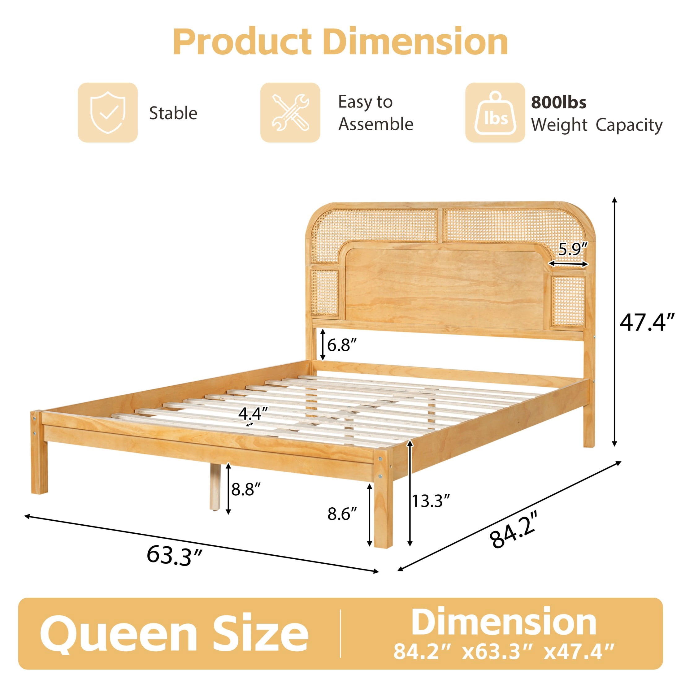 Christopher Knight Home Bohemian Queen Platform Bed with Rattan Headboard, Solid Wood Frame, Oak