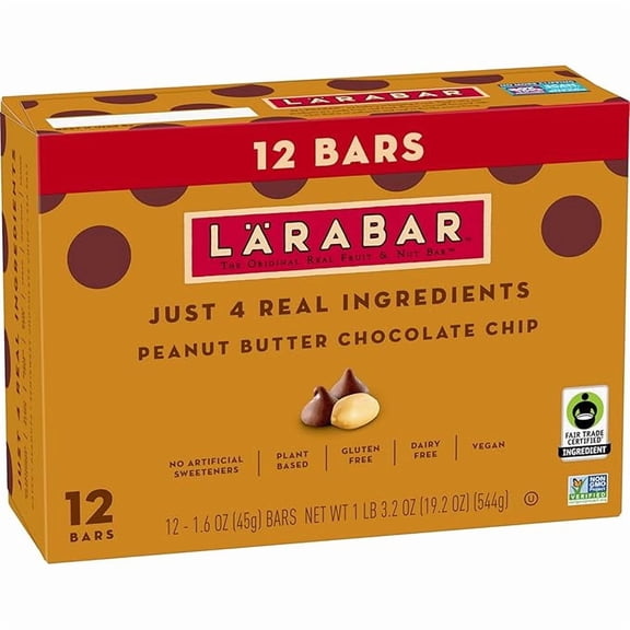 Larabar Peanut Butter Chocolate Chip, Fruit and Nut Bars, Gluten Free and Vegan, 19.2 oz, 12 Ct