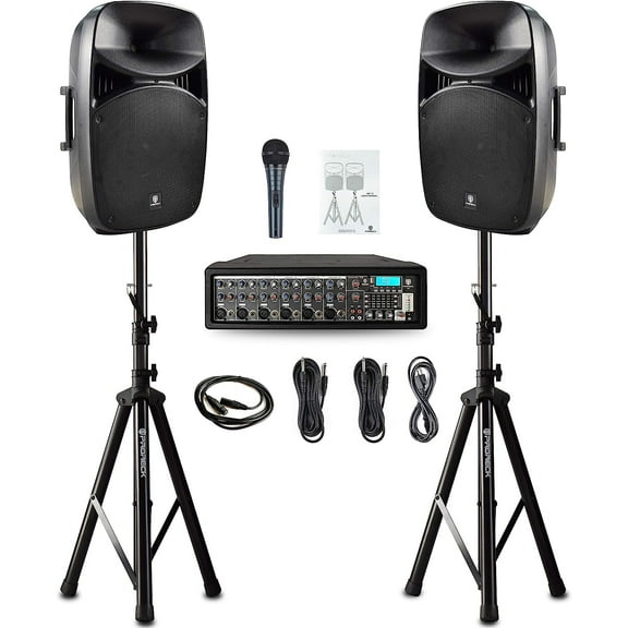 PRORECK MX15 15inch 2500W Bluetooth Powered PA System Mixer/Amp with Stands/Mic Effect Controller 48V Phantom Power, Audio Interface