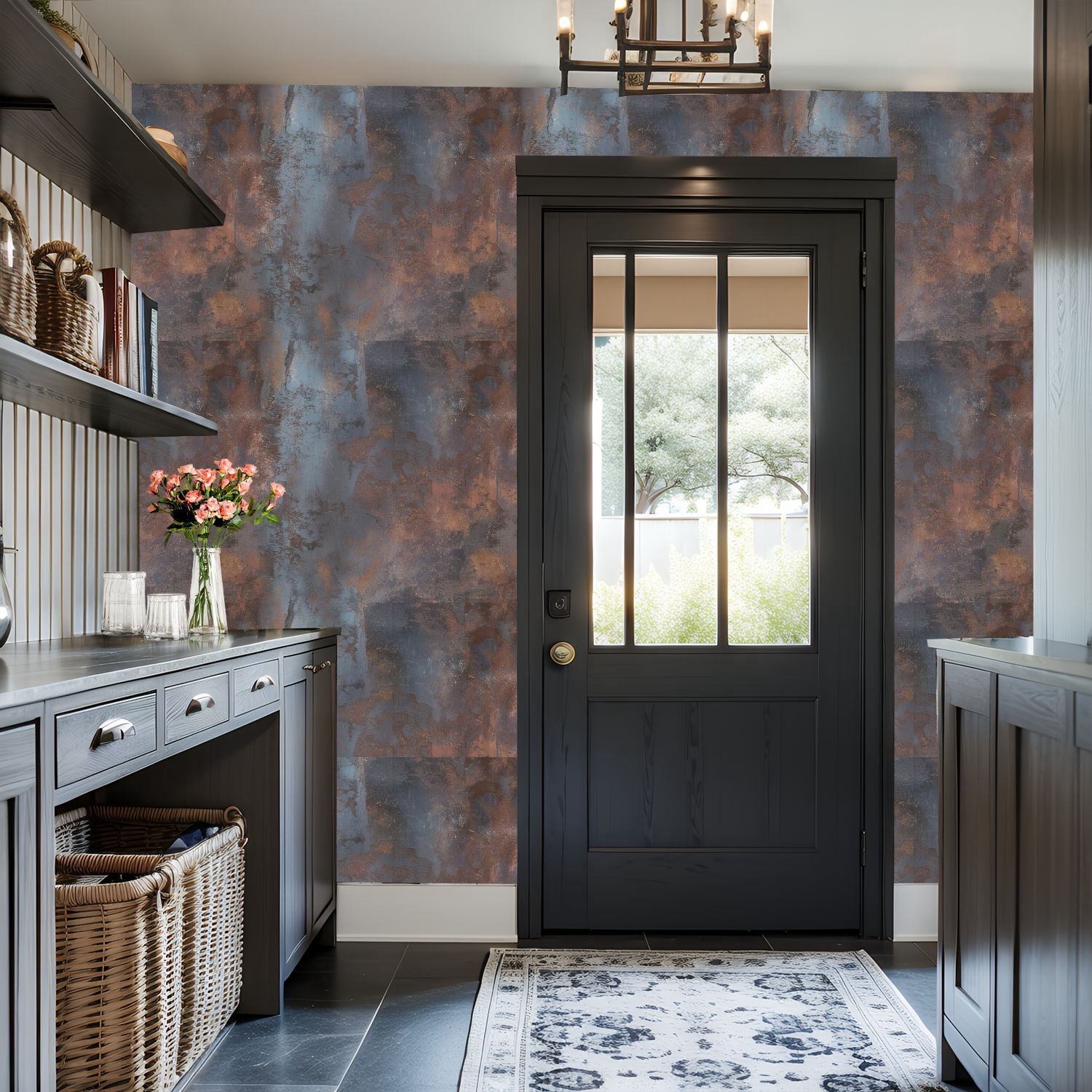Peel and Stick Wallpaper Abstract Rust Blue Patched Texture Weathered Finish Wall Mural 17.7in x 9.8ft Self Adhesive Removable Wall Paper Renter Friendly Wallpaper for Nursery Bedroom Cabinets