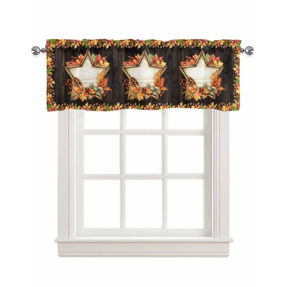 Thanksgiving Maple Kitchen Valances for Windows Farmhouse Linen Window Valance Curtain for Living Room Window Treatment Fall Leaves Pentagram Farmhouse Wood Valance Rod Pocket Topper, 42 x 18 Inch