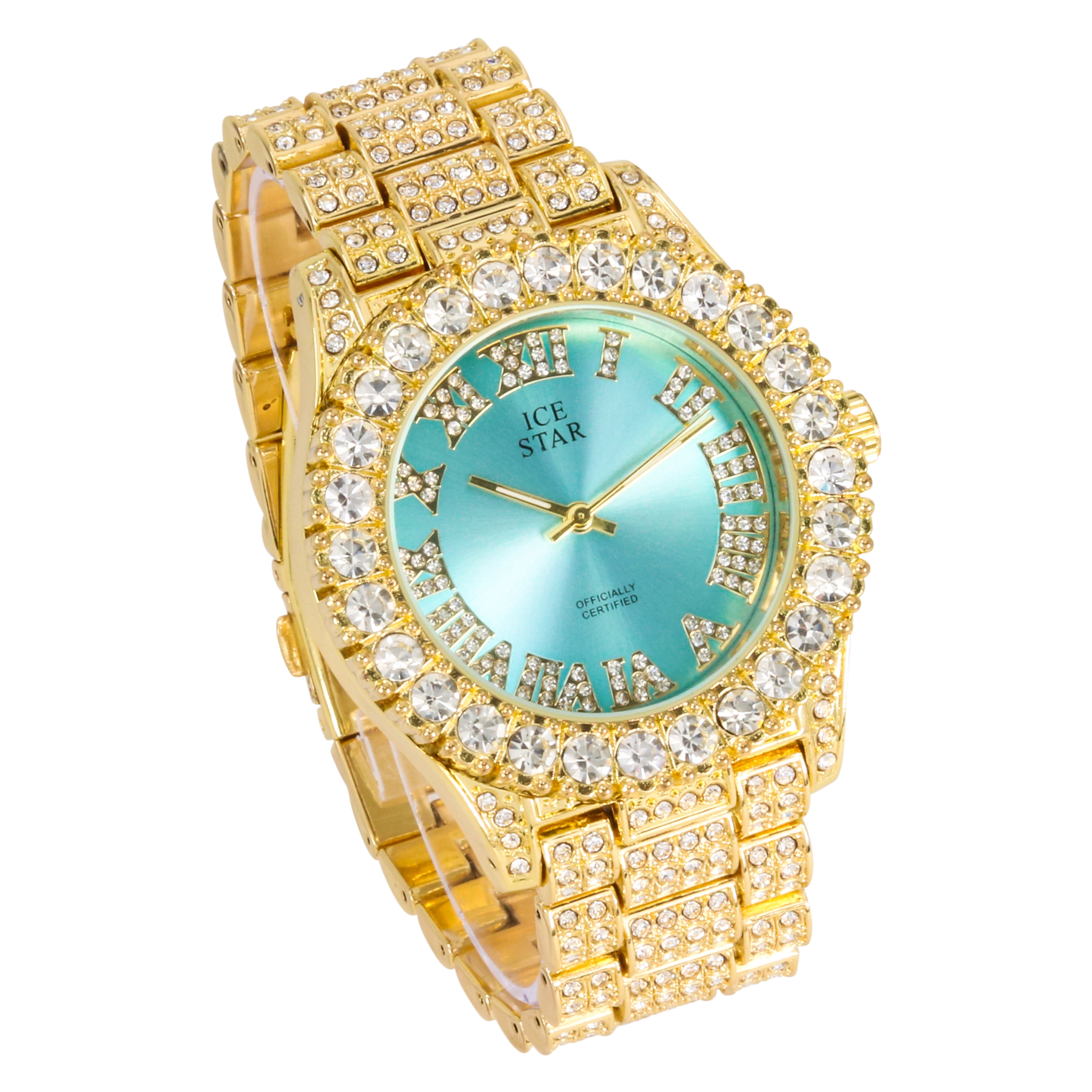 Women's 44mm Solitaire Bezel Watch - Bling-ed Out Adjustable Band - 14k Gold Tone Finish with Ravishing Crystals - Simulated Diamond Watch with Roman Dial