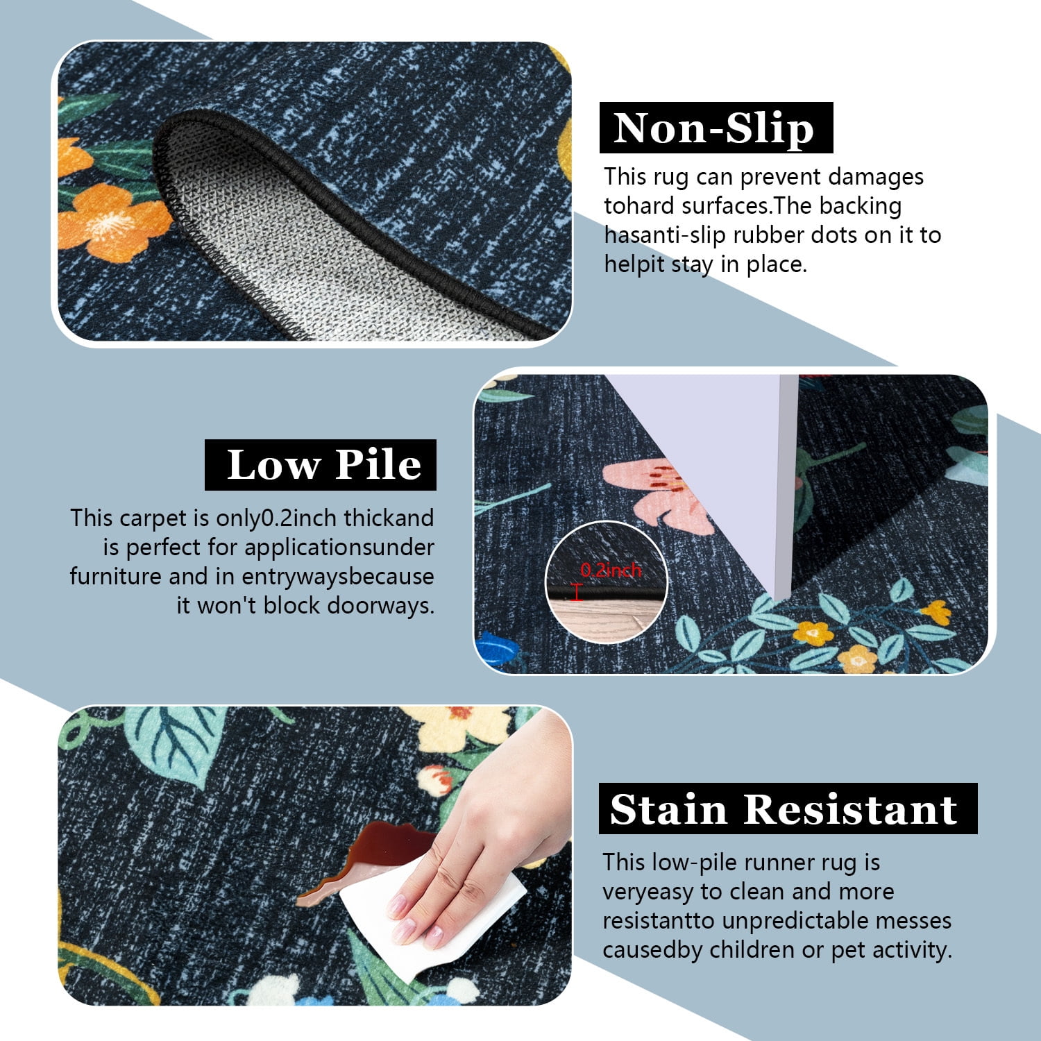 Wellber Area Rug Soft Vintage Floral Rugs Non Slip Carpet for Bedroom Living Room Home Deocr,4'x6',Blue