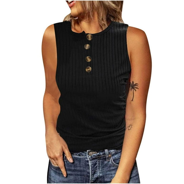AherBiu Plus Size Going out Tops for Women Ribbed Tank Tops Button Crewneck Slim Summer Cami Shirts